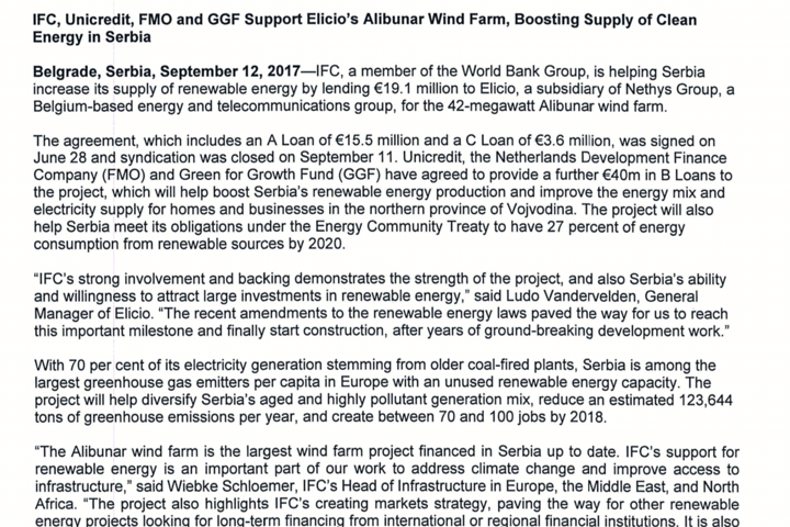 Potpisan ugovor sa IFC grupacijom, obezbeđeno finansiranje vetroparka Alibunar